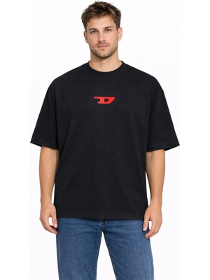 Unisex Kadın Erkek Kırmızı D Logo Ön Baskılı Oversize Kalın Kumaş Rahat Kesim Pamuklu T-Shirt