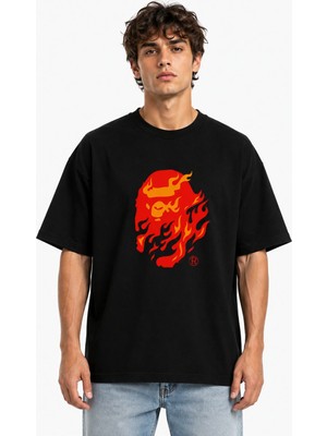 Unisex Kadın Erkek Bape Alevli Özel Tasarım Baskılı Oversize Kalın Kumaş Rahat Kesim T-Shirt