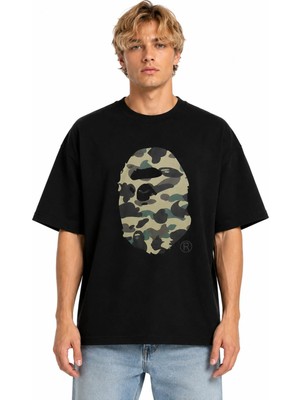 Unisex Kadın Erkek Bape Goril Kamuflaj Desenli Tasarım Baskılı Oversize Kalın Kumaş Rahat Kesim T-Shirt