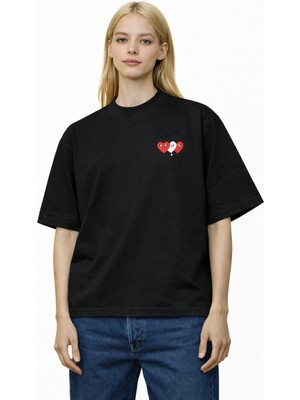 Unisex Kadın Erkek Commedes 3lu Kalp Ön Baskılı Oversize Kalın Kumaş Rahat Kesim Pamuklu T-Shirt