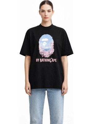 Unisex Kadın Erkek Bape Çin Çicek Ön Baskılı Oversize Kalın Kumaş Rahat Kesim Pamuklu T-Shirt