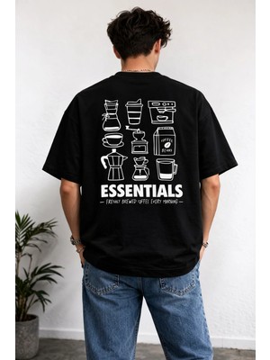 Unisex Kadın Erkek Coffe Essentials Sırt Desen Baskılı Oversize Kalın Kumaş Rahat Kesim Pamuklu T-Shirt