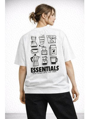 Unisex Kadın Erkek Coffe Essentials Sırt Desen Baskılı Oversize Kalın Kumaş Rahat Kesim Pamuklu T-Shirt