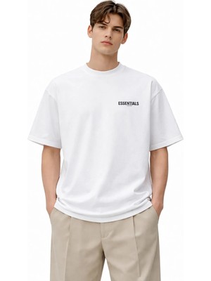 Unisex Kadın Erkek Essentıals Yazı Ön Logo Baskılı Oversize Kalın Kumaş Rahat Kesim Pamuklu T-Shirt