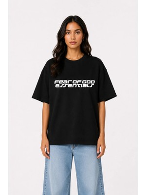 Unisex Kadın Erkek Essentials Orta Ön Baskılı Oversize Kalın Kumaş Rahat Kesim Pamuklu T-Shirt