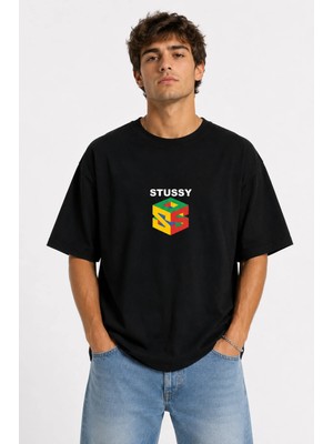 Unisex Kadın Erkek Stussy Renkli Logo Ön Baskılı Tasarım Baskılı Oversize Kalın Kumaş Rahat Kesim T-Shirt