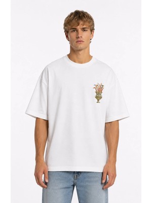 Unisex Kadın Erkek Saksı ve Baston Ön ve Arka Baskılı Oversize Kalın Kumaş Rahat Kesim Pamuklu T-Shirt