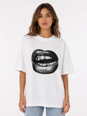 Unisex Kadın Erkek Dudak Ağız Charm Baskılı Oversize Kalın Kumaş Rahat Kesim T-Shirt