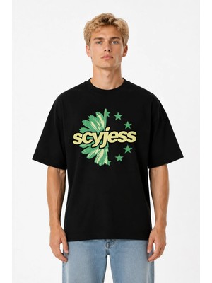 Unisex Kadın Erkek Scyjess Yeşil Tasarım Baskılı Oversize Kalın Kumaş Rahat Kesim T-Shirt
