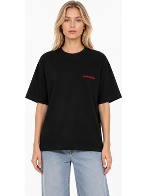 Unisex Kadın Erkek Yazılı Logo Ön Baskılı Oversize Kalın Kumaş Rahat Kesim Pamuklu T-Shirt