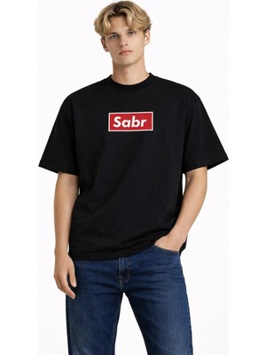 Unisex Kadın Erkek Sabr Kırmızı Ön Baskılı Oversize Kalın Kumaş Rahat Kesim Pamuklu T-Shirt