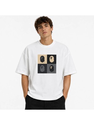 Unisex Kadın Erkek Bape Kara Tasarım Baskılı Oversize Kalın Kumaş Rahat Kesim T-Shirt