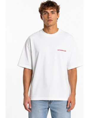 Unisex Kadın Erkek Say Masallah Yazılı Logo Ön Baskılı Oversize Kalın Kumaş Rahat Kesim Pamuklu T-Shirt