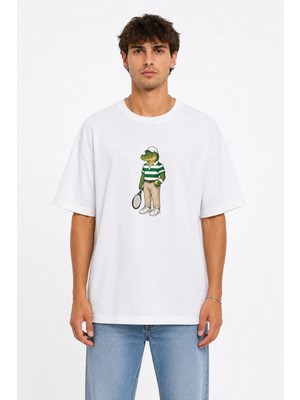 Unisex Kadın Erkek Tenis Raketli Timsah Ön Baskılı Tasarım Baskılı Oversize Kalın Kumaş Rahat Kesim T-Shirt