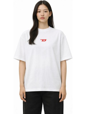 Unisex Kadın Erkek Kırmızı D Logo Ön Baskılı Oversize Kalın Kumaş Rahat Kesim Pamuklu T-Shirt