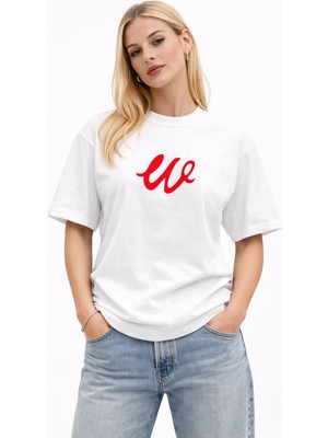 Unisex Kadın Erkek W Logo Özel El Yazılı Ön Baskılı Oversize Kalın Kumaş Rahat Kesim Pamuklu T-Shirt
