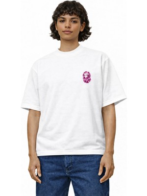 Unisex Kadın Erkek Bape Pembe Goril Ön Baskılı Oversize Kalın Kumaş Rahat Kesim Pamuklu T-Shirt
