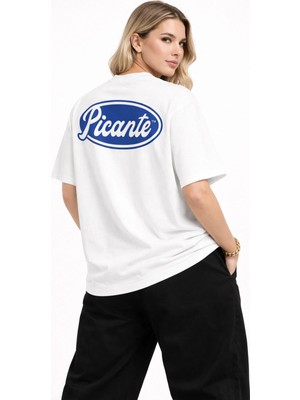 Unisex Kadın Erkek Picante Mavi Ön ve Sırt Baskılı Oversize Kalın Kumaş Rahat Kesim Pamuklu T-Shirt