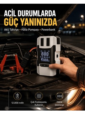 İyisi Olsun Dijital Ekranlı Araç Pompası Akü Takviye Powerbank 12.000 Mah Yeni Nesil