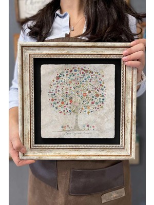 Moontime Alaçatı Çerçeveli Tablo Taş Duvar Dekoru 30 x 30 cm Kelebek ve Çiçek Ağacı
