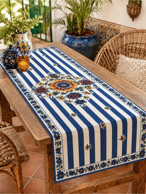 Ays Home Lacivert Çizgili Çiçekli Dokuma Dijital Baskılı Üst Kalite