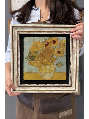 Moontime Alaçatı Çerçeveli Tablo Taş Duvar Dekoru 30 x 30 cm Van Gogh Saksıda Ay Çiçekleri