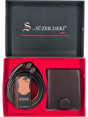 Süzer Deri %100 Gerçek Deri Kemer ve Cüzdan Özel Kutulu Hediyelik Set Kahverengi /damat Bohçası ve Özel Günlere