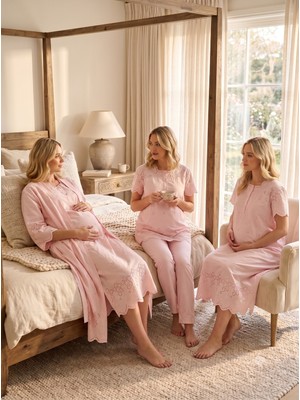 Lohussa Kadın Pudra Keten Fistolu Pamuklu Hamile Lohusa Sabahlık Pijama Takımı Gecelik Set