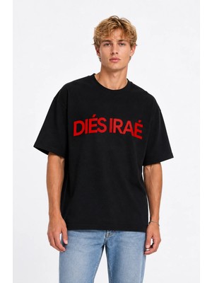 Trias Bazaar Unisex Kadın Erkek Dies Irae Yazı Ön Baskılı Tasarım Baskılı Oversize Kalın Kumaş Rahat Kesim T-Shirt