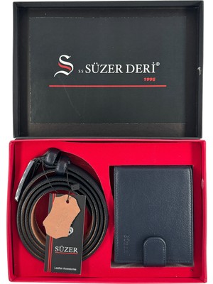 Süzer Deri %100 Gerçek Deri Kemer ve Cüzdan Özel Kutulu Hediyelik Set Lacivert (Damat Bohçası ve Özel Günlere)