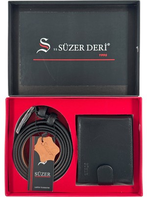 Süzer Deri %100 Gerçek Deri Kemer ve Cüzdan Özel Kutulu Hediyelik Set Siyah (Damat Bohçası ve Özel Günler Için)