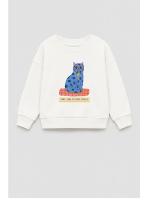 Monila Kız Çocuk 3 Iplik Kumaş  Pamuklu Kedi Baskılı Sweatshirt