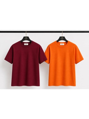 Vasto Moda Turuncu-Bordo 2'li Erkek Oversize Tişört