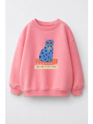 Monila Kız Çocuk 3 Iplik Kumaş  Pamuklu Kedi Baskılı Sweatshirt