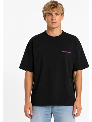 Trias Bazaar Unisex Kadın Erkek Say Masallah Yazılı Logo Ön Baskılı Oversize Kalın Kumaş Rahat Kesim Pamuklu T-Shirt