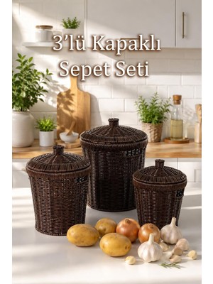 Asitan PBT-439-1 3lü Hasır Sepet Kapaklı Bambu Sepet Seti Dekoratif Banyo Mutfak Düzenleyici Organizeri