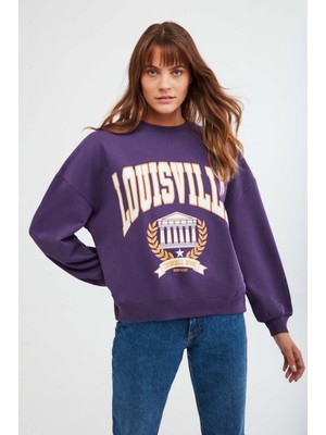 Ethiquet Ramona Kadın Oversize Yumuşacık Içi Polarlı Organik Pamuklu Baskılı Yuvarlak Yakalı Mor Sweatshirt