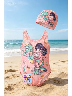 Bemora Kids Deniz Kızı Mayo Bikini + Deniz Kızı Bone 2 Li Takım Plaj Giyim Kız Çocuk Mayo Bikini