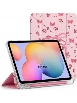 Fibaks Samsung Galaxy Tab A8 10.5" SM-X200 Kılıf Gül Kelebek Arkası Şeffaf Katlanır Kalemlikli Standlı Uyku Modlu Akıllı Kapak