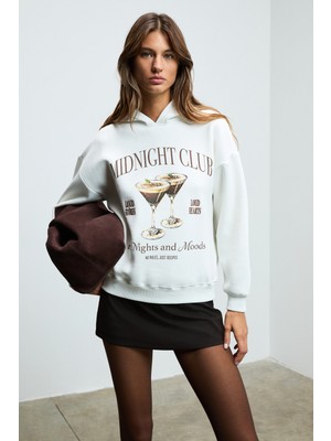 Ethiquet Lukkıs Kadın Yumuşak Kumaşlı Nakışlı Kapüşonlu Ekru Sweatshirt