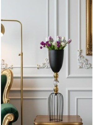 Asitan Siyah Dekoratif Modern Kristal Taşlı Tel Ayaklı Gold/krom Detaylı Bahçe Teras Ev Çiçeklik Vaz