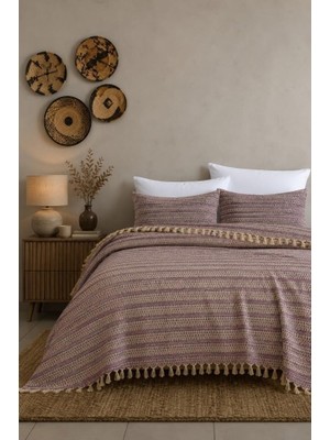 Asitan King Size Dokuma Pike Takımı 240X260 cm 2 Yastık Kılıflı Saçak Detaylı Örtü Seti Mürdüm