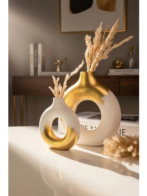Moontime Alaçatı 2'li Modern Vazo Seti - Beyaz ve Altın Detaylı 26 cm El Yapımı Dekoratif Vazo