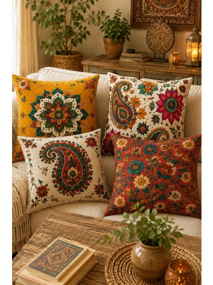 Ays Home Şal Desen Bohem Tarzı Çift Taraf Baskılı 4'lü Kırlent Kılıfı Seti 43X43