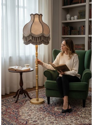 dekovien Vizon Kadife Başlık Gold Ahşap Ayaklı Lambader Vintage Model 170X50CM