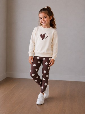 Yiğit Butik Kız Çocuk Kalp Baskılı Sweatshirt ve Desenli Tayt Alt Üst Takım