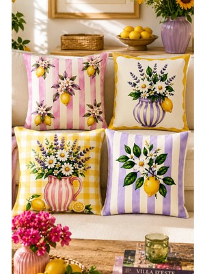 Ays Home Pembe Sarı Limon 4'lü Bahçe Ev 4'lü Kırlent Kılıfı Seti (43X43)