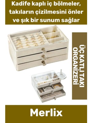 Moontime Alaçatı Özel Seri Çok Gözlü Saydam Kapak Yüzük Küpe Kolye Kadife Kaplı Üç Katlı Çekmeceli Takı Organizeri