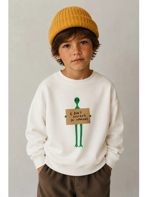 Monila Erkek Çocuk 3 Iplik Kumaş Uzaylı Baskılı Pamuklu Sweatshirt