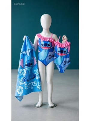 Bemora Kids Çocuk Mayo Stich Mayo Plaj Giyim + Stitch Plaj Havlusu Panço Havlu 2 Li Set